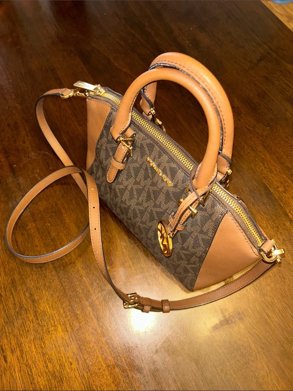 Michael Kors Brown MK Logo Satchel with Tan Accents